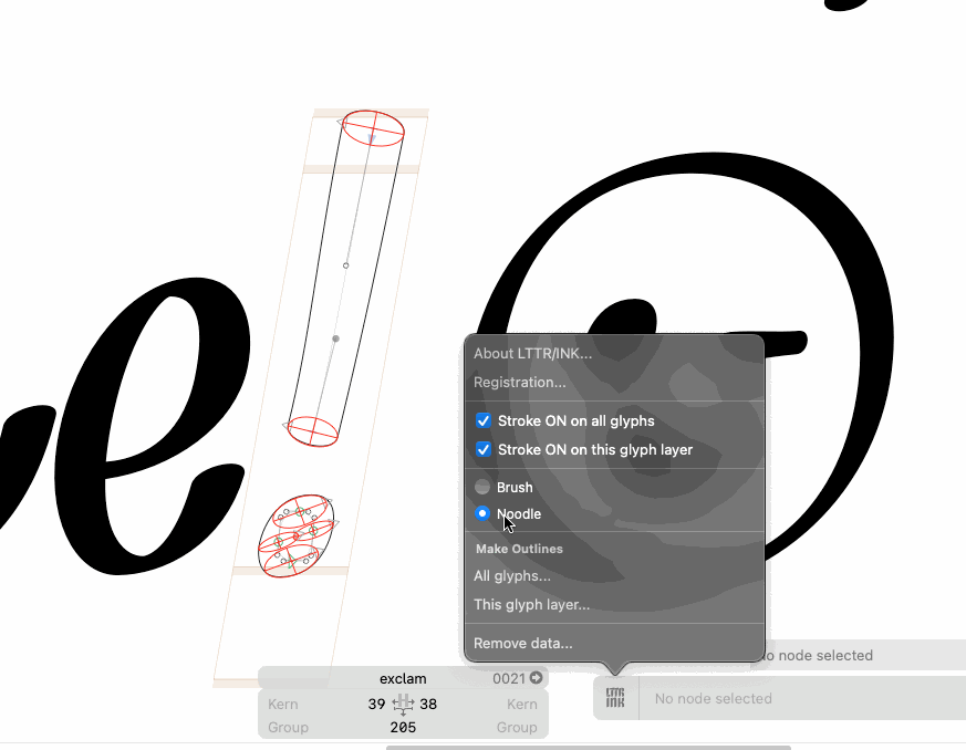 The noodle stroke in LTTR/INK plug-in for Glyphs follows the direction of the path when curve handles are moved.