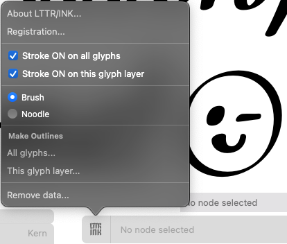 The preview of setting up brush stroke in LTTR/INK plug-in for Glyphs.
