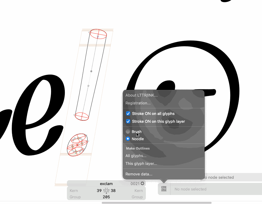 The brush stroke in LTTR/INK plugin for Glyphs keeps its rotation when curve handles are moved.
