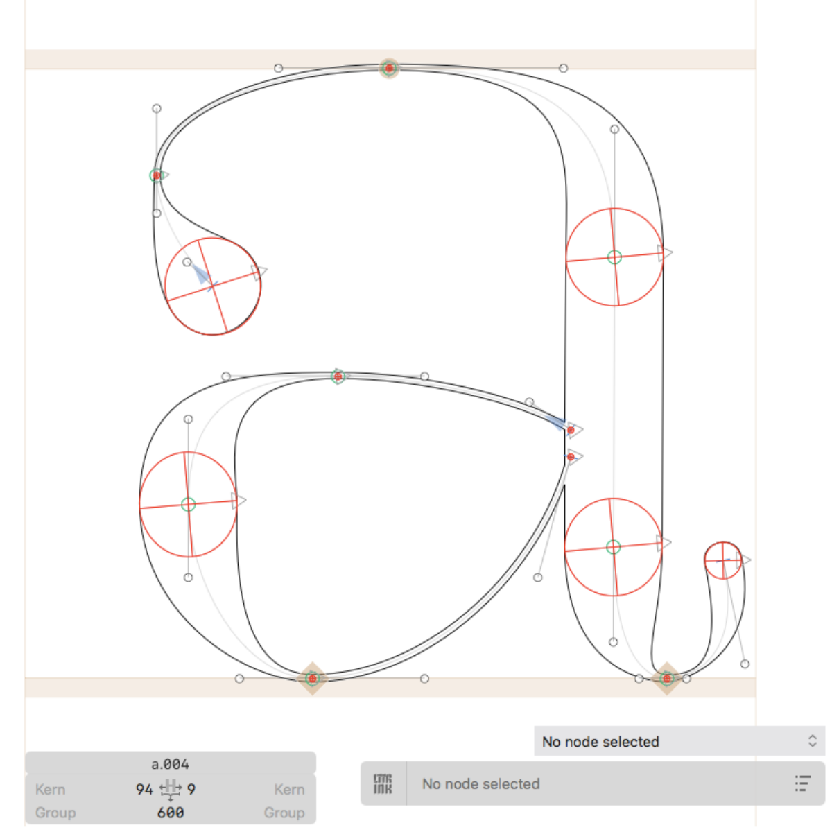 The ellipsis view in LTTR/INK plug-in for Glyphs displays a user-friendly control ellipsis to edit brush dimensions and rotation. Take a look at this example of ellipsis view in red within brush nodes.