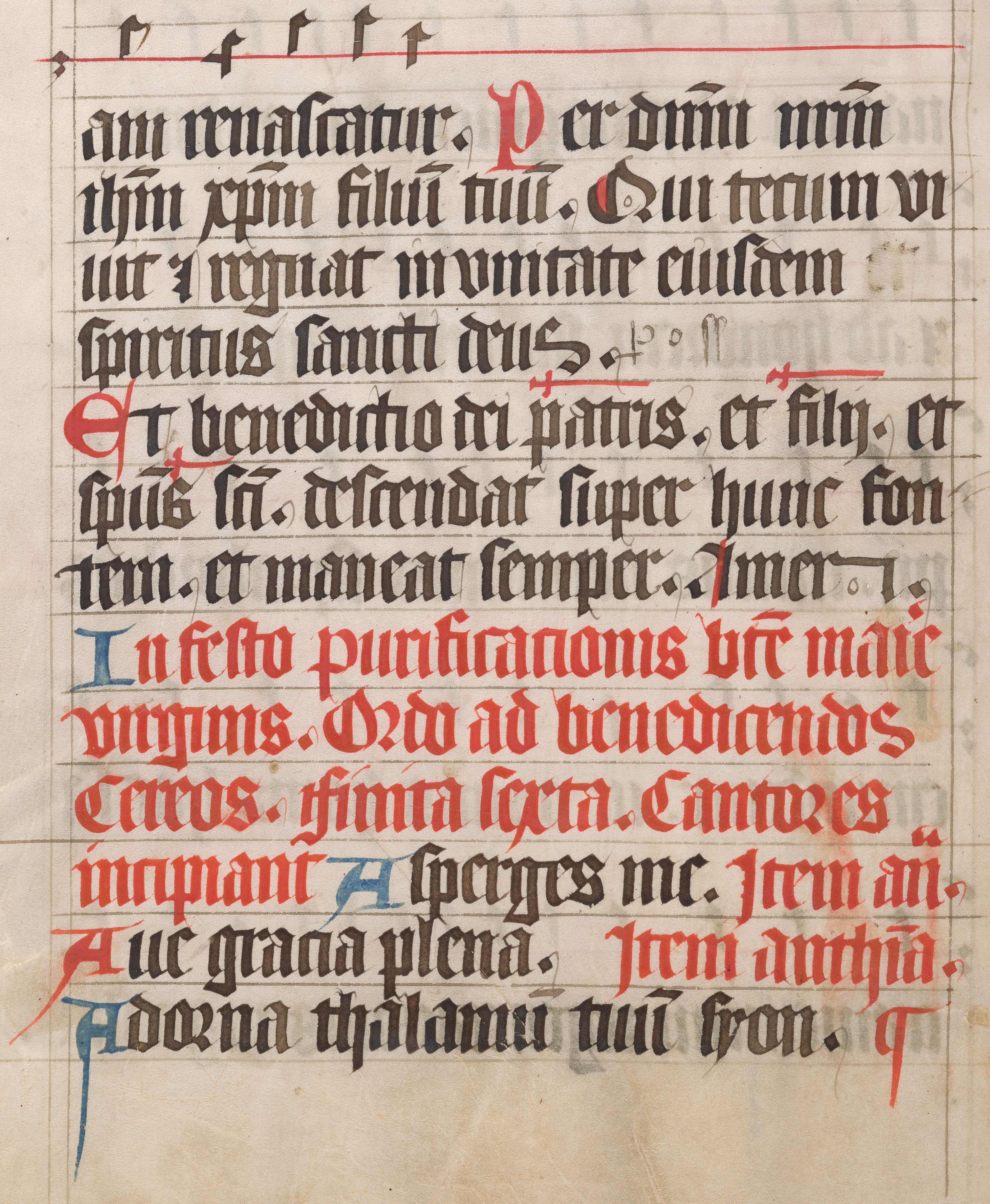 Fig.7 Textura hand in a German missal from about the fourteenth century. The textura hand here markedly differs from that in Figure 1.  Source: fol. 12v, MS 34 Radnor Missal