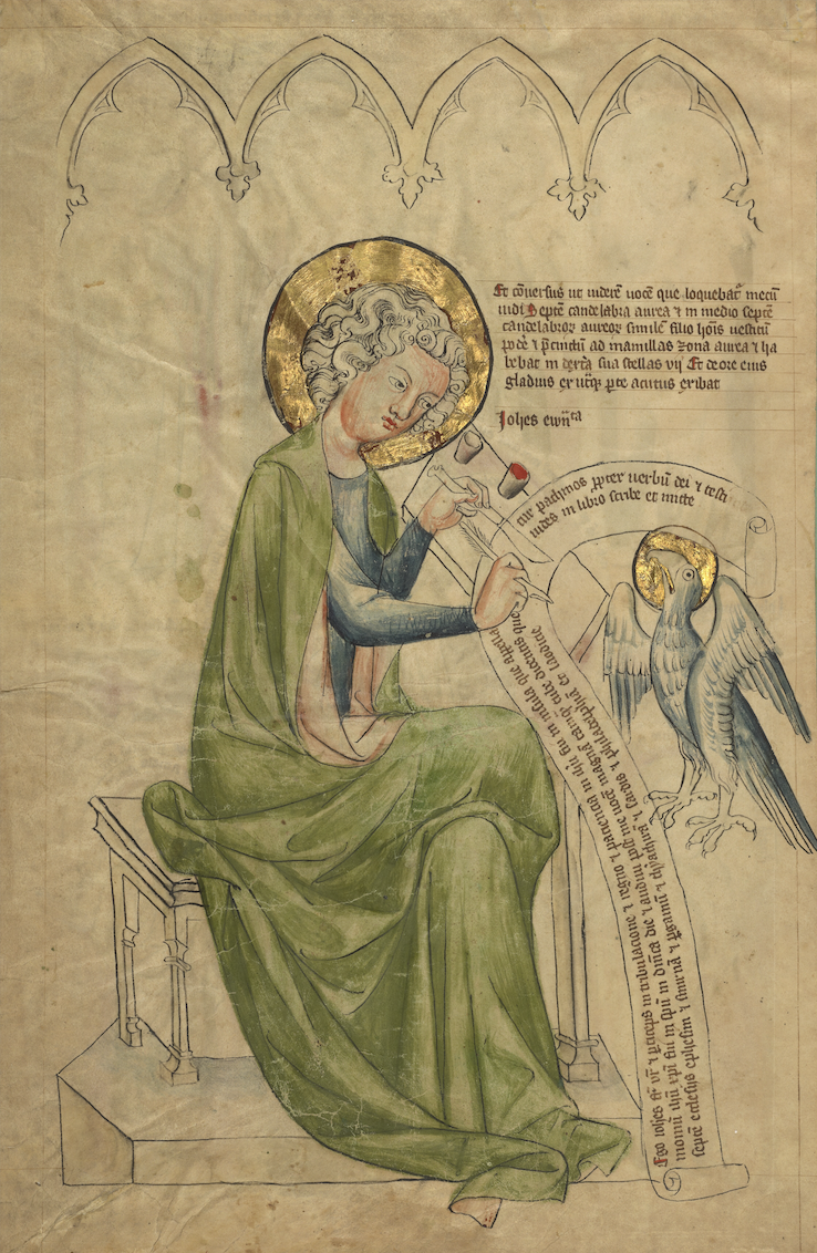 Fig.12 Saint John writing the Book of Revelations with his quill and knife and two ink pots on the desk beside him. Source: Saint John the Evangelist Writing, Ms. 108 (2011.24), verso, Getty Museum